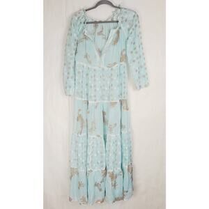 Dolma blue and gold floral tiered maxi dress Medium Boho Ethereal Fairy Cottage